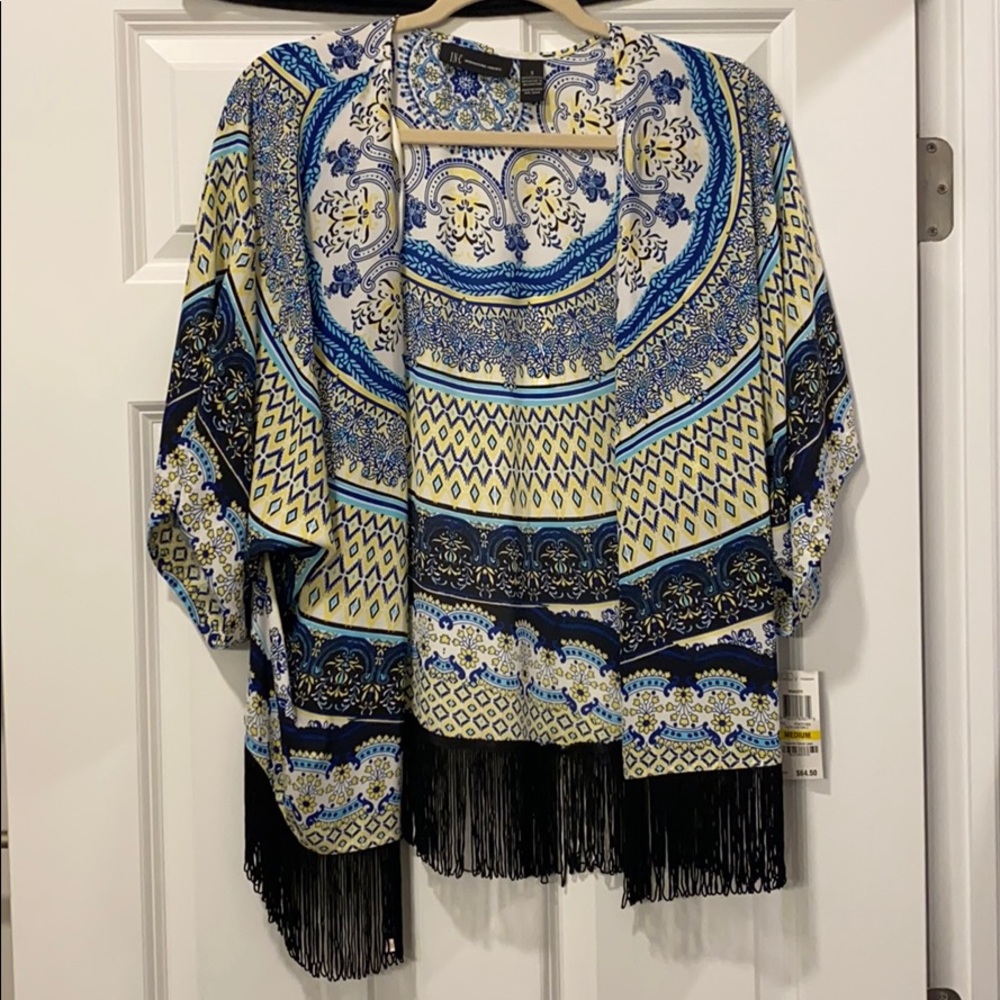 INC blue and yellow sheer cardigan with fringe